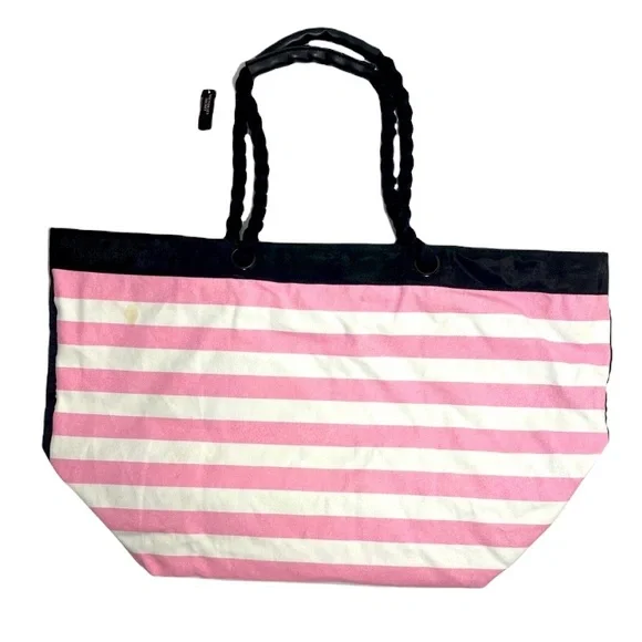 Victoria’s Secret Tote Travel Bag Overnight Weekender Stripes Pink White Black - Picture 12 of 14